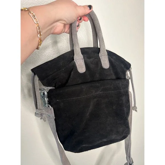 Free People Suede Drawstring Bucket Bag Black Gray Crossbody Tote Handbag - Picture 4 of 7